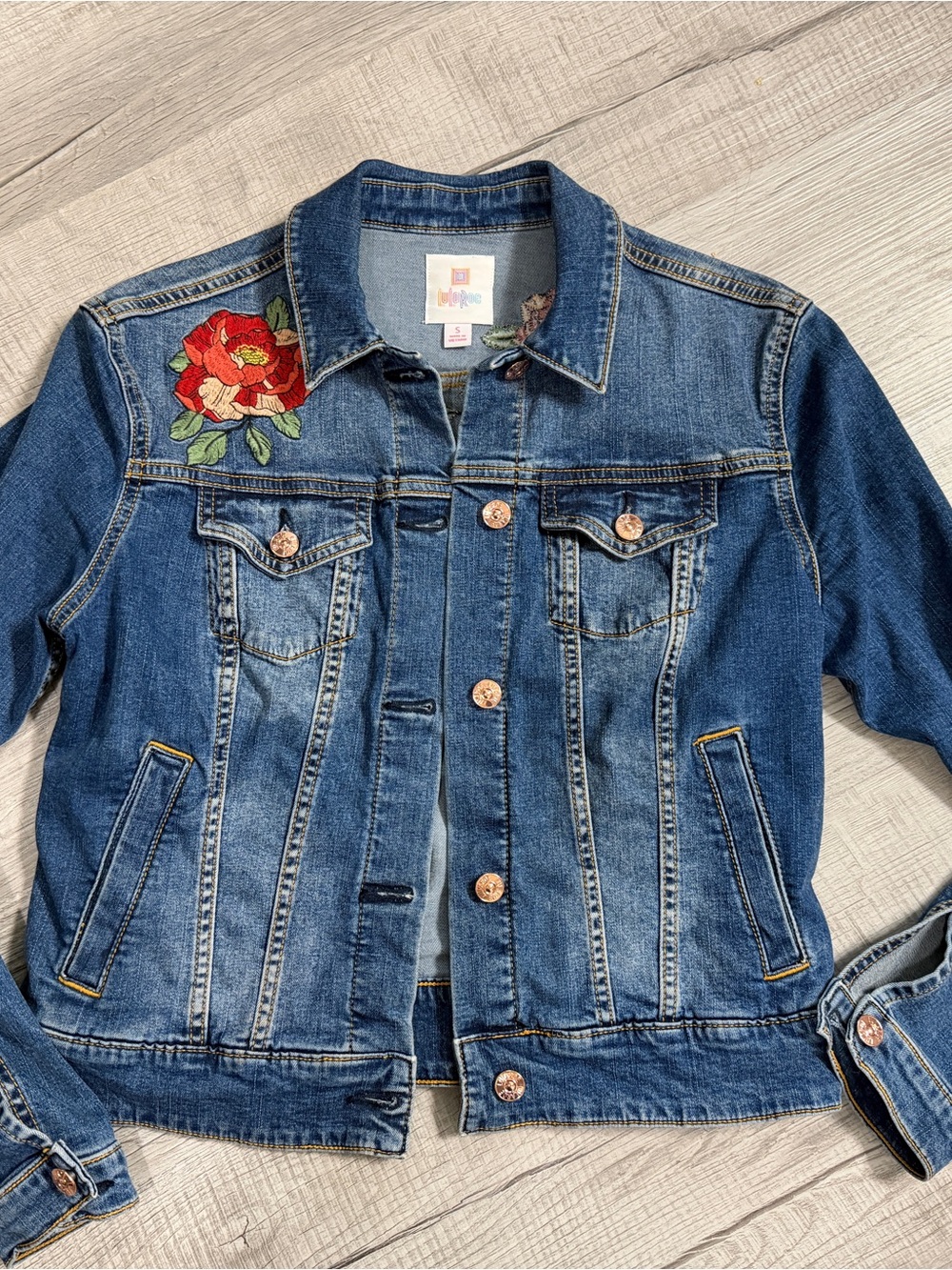 LuLaRoe Blue Denim Jacket with Red Floral Embroidery